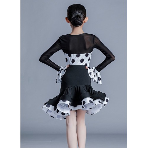 Girls kids black white polka dot latin dance dresses ballroom latin salsa tango stage performance costumes modern dance outfits for children